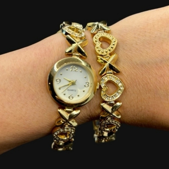 Gold Tone Rhinestone Heart & X Design Linked Watch & Bracelet Sets New Battery! - Picture 7 of 12